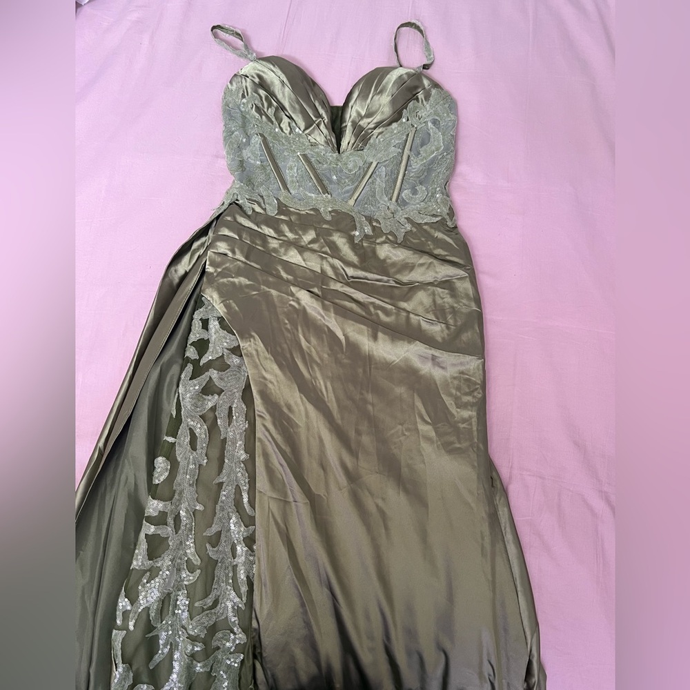 Strapless Olive Satin Evening Gown with Lace Appliqué